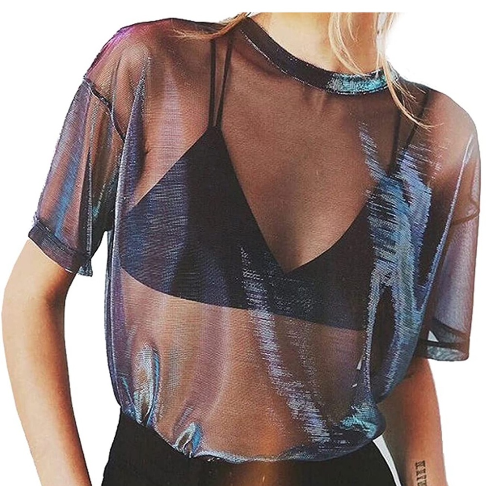 Women’s Metallic Mesh Short Sleeve Tee